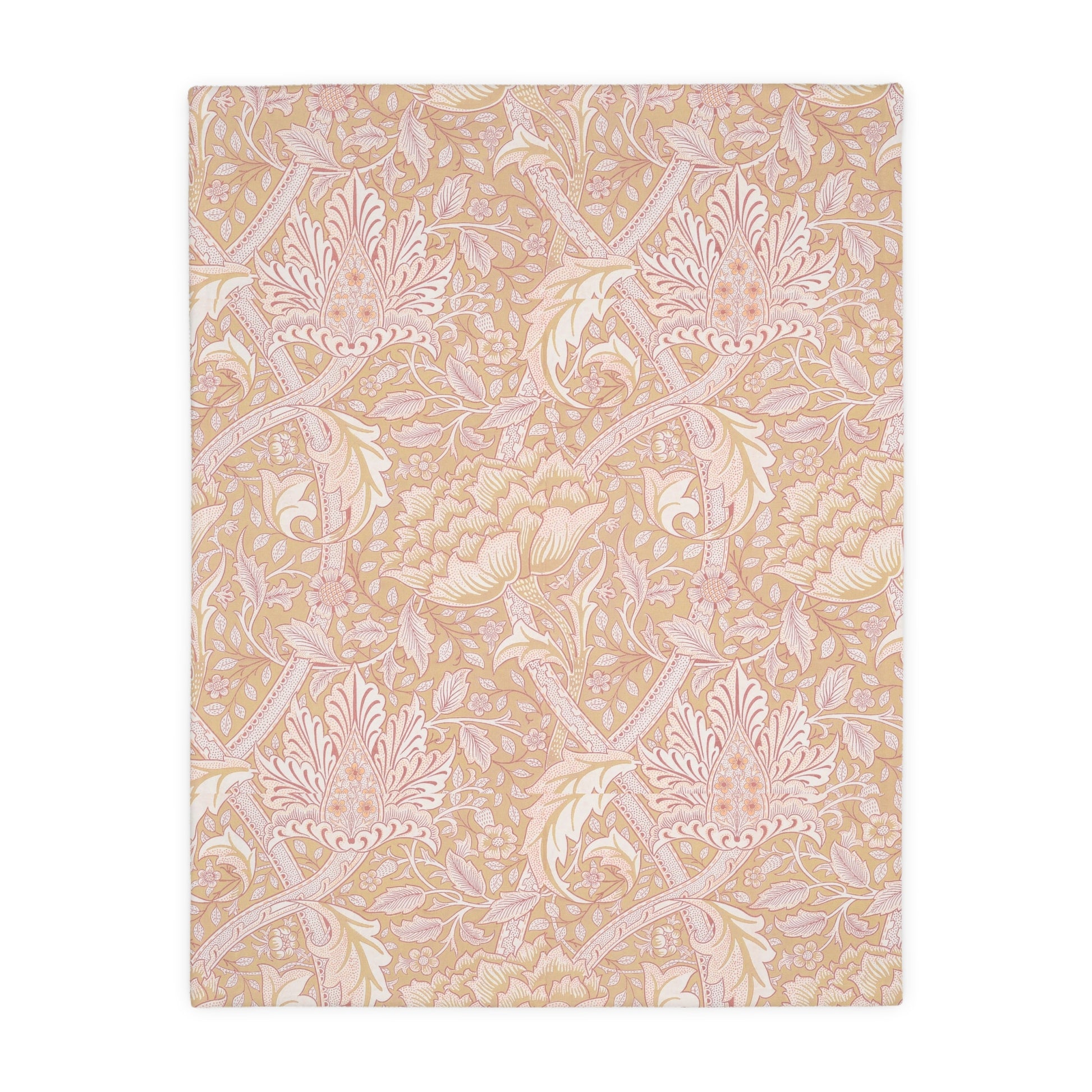 A luxury velveteen minky blanket with a two-sided print featuring William Morris & Co floral and leaf designs in green, pink, and beige tones.