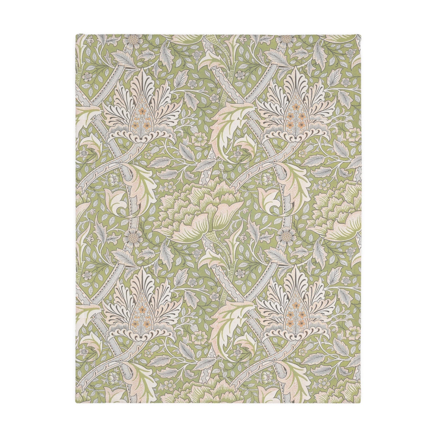 A luxury velveteen minky blanket with a two-sided print featuring William Morris & Co floral and leaf designs in green, pink, and beige tones.