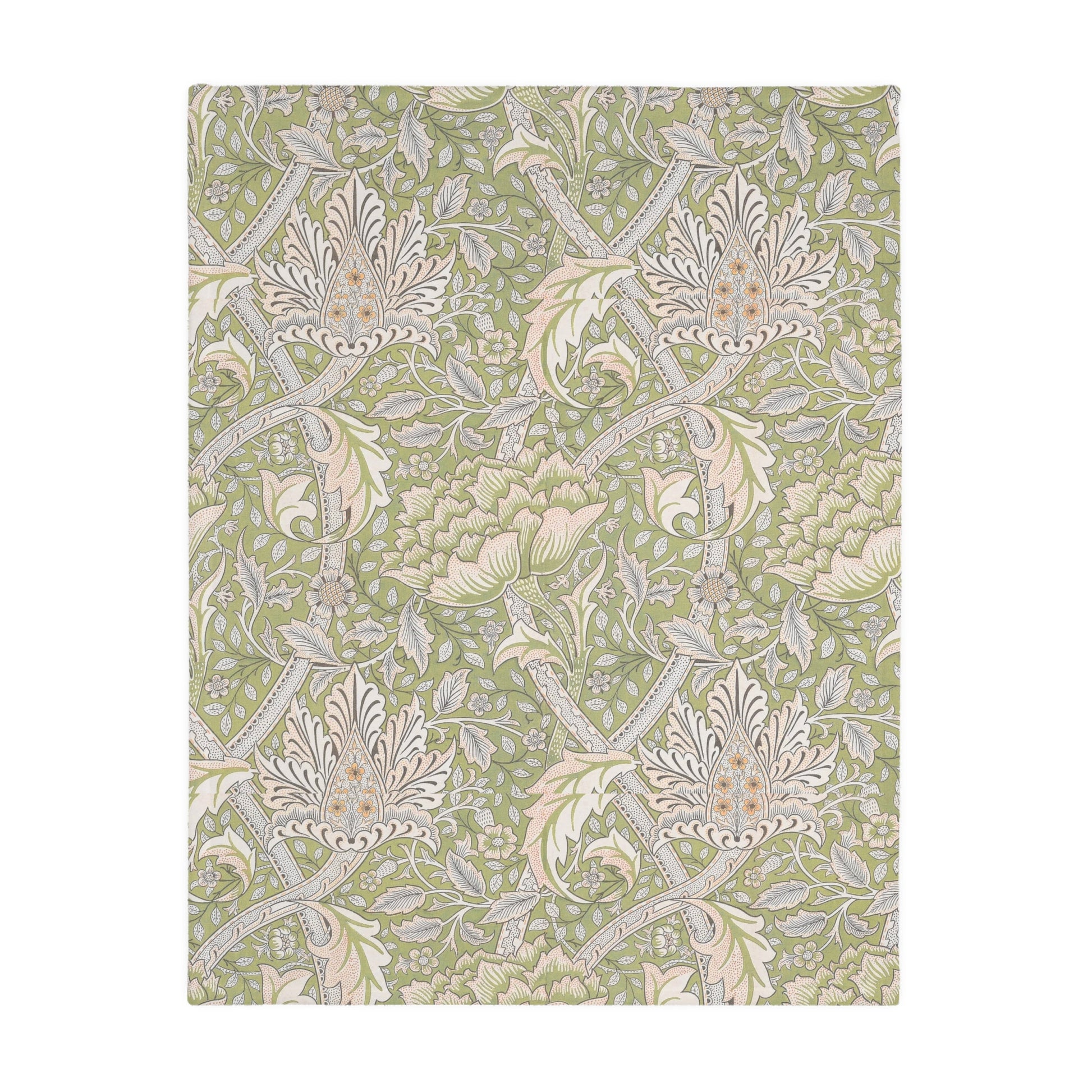 A luxury velveteen minky blanket with a two-sided print featuring William Morris & Co floral and leaf designs in green, pink, and beige tones.