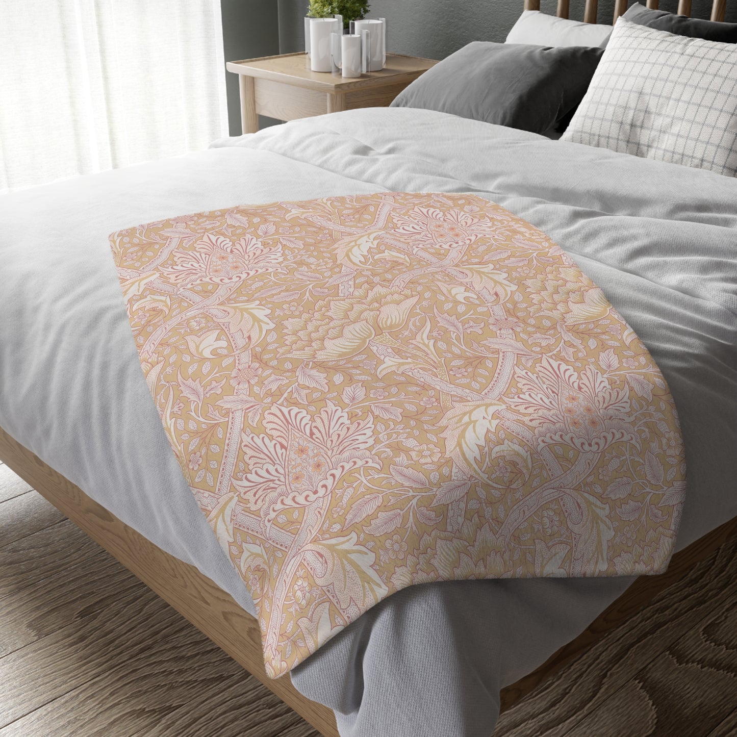 A luxury velveteen minky blanket with a two-sided print featuring William Morris & Co floral and leaf designs in green, pink, and beige tones.