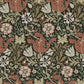 Patterned fabric with floral and leaf designs in brown, green, and beige.