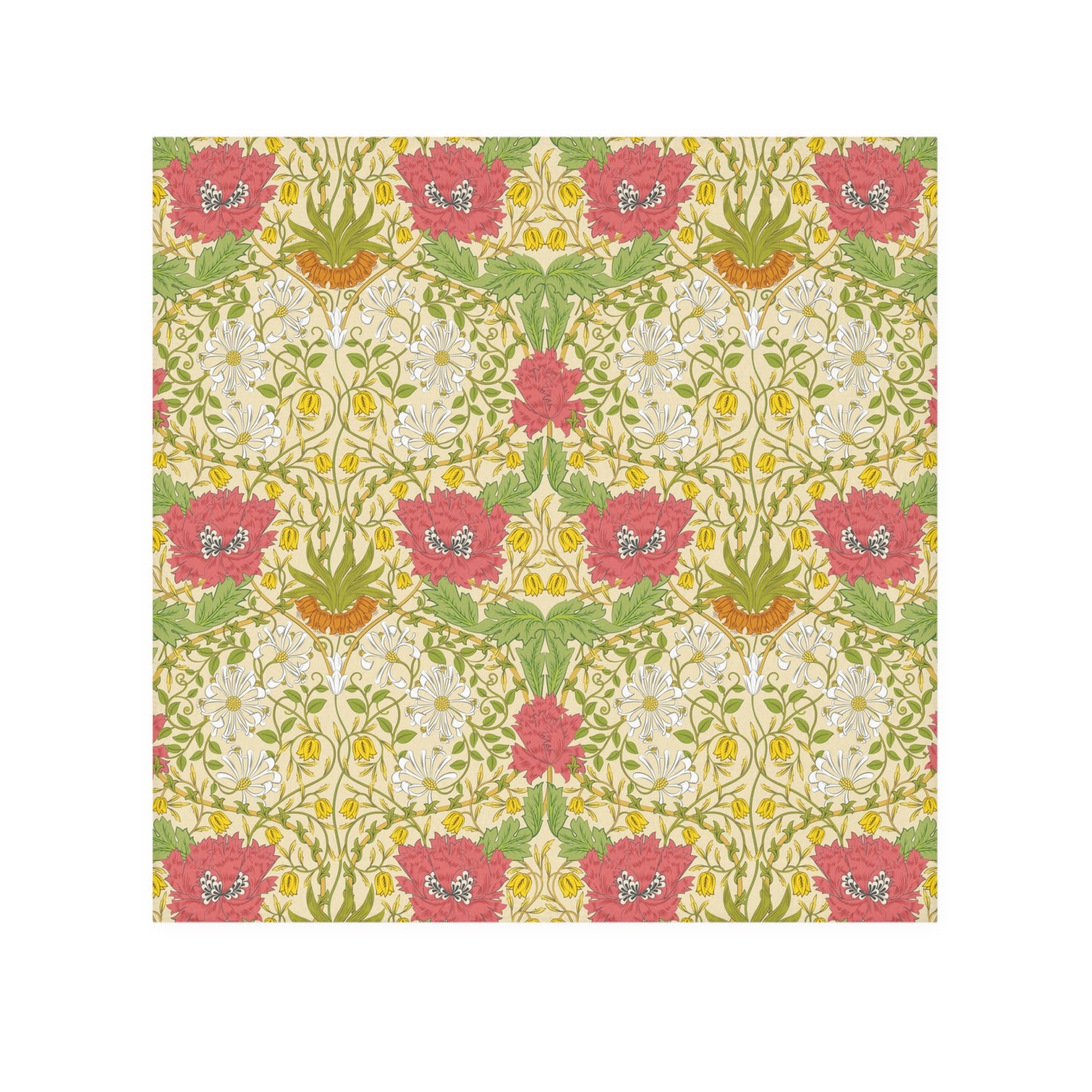 Floral patterned washcloth with pink, green, and white flowers on a beige background