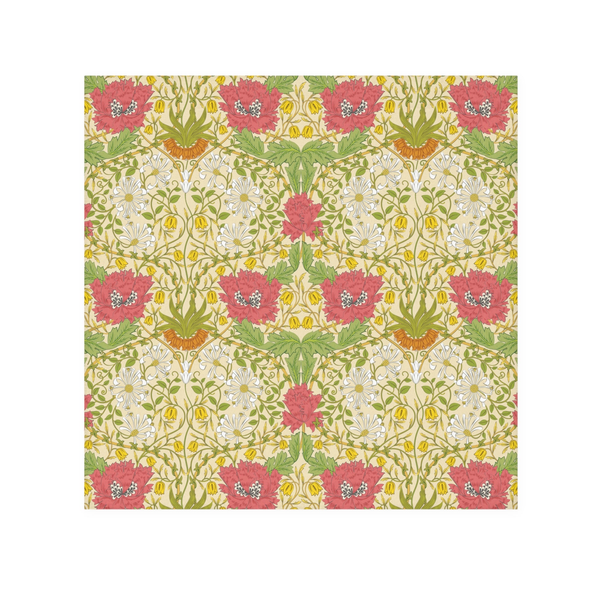 Floral patterned washcloth with pink, green, and white flowers on a beige background