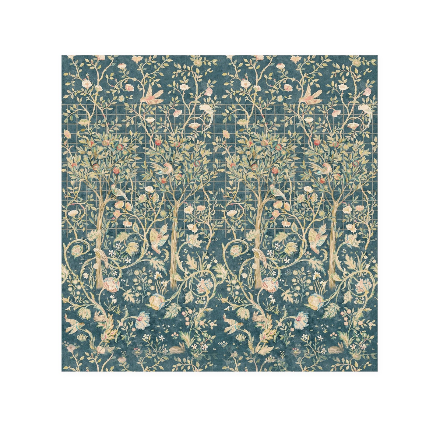Decorative washcloth with floral and tree pattern on a blue background