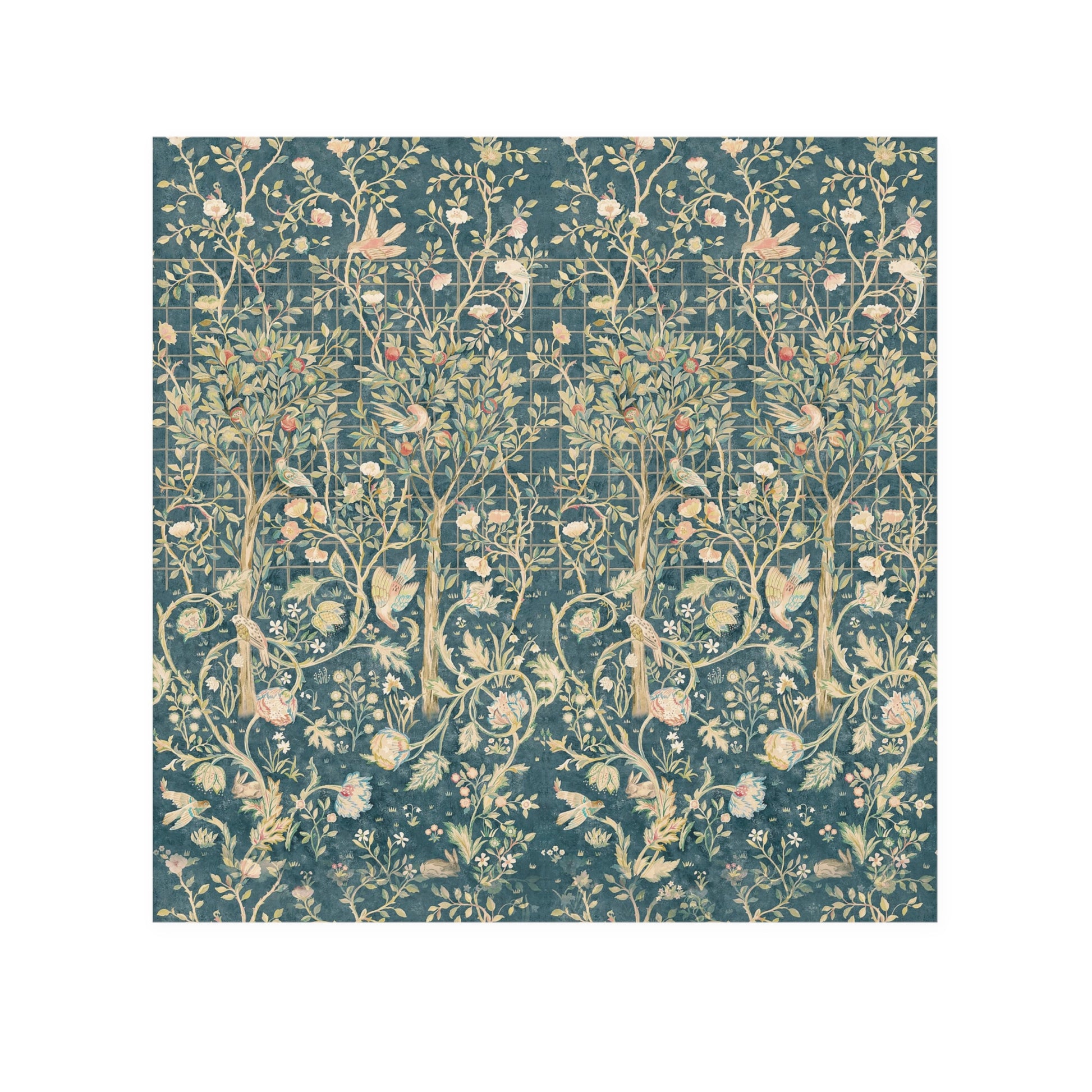 Decorative washcloth with floral and tree pattern on a blue background