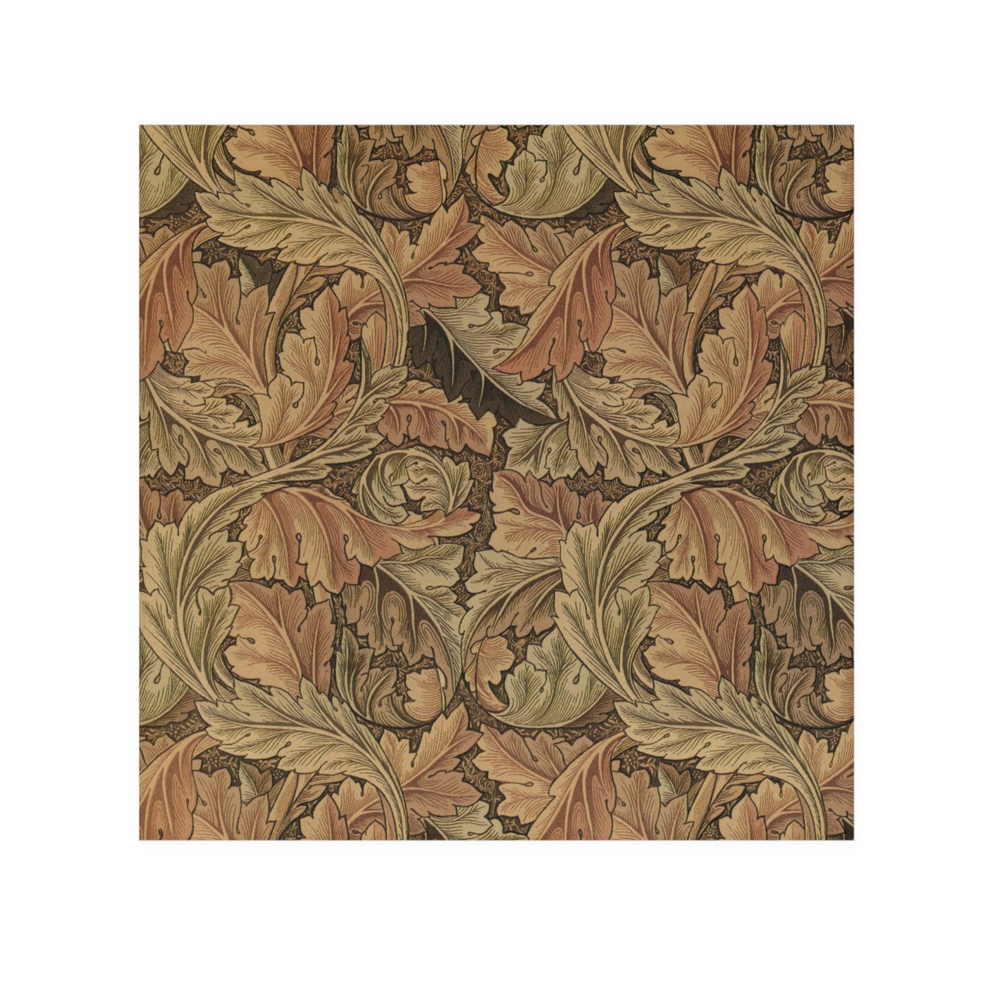 A brown and white washcloth with floral patterns inspired by William Morris, featuring leaves and acanthus designs.