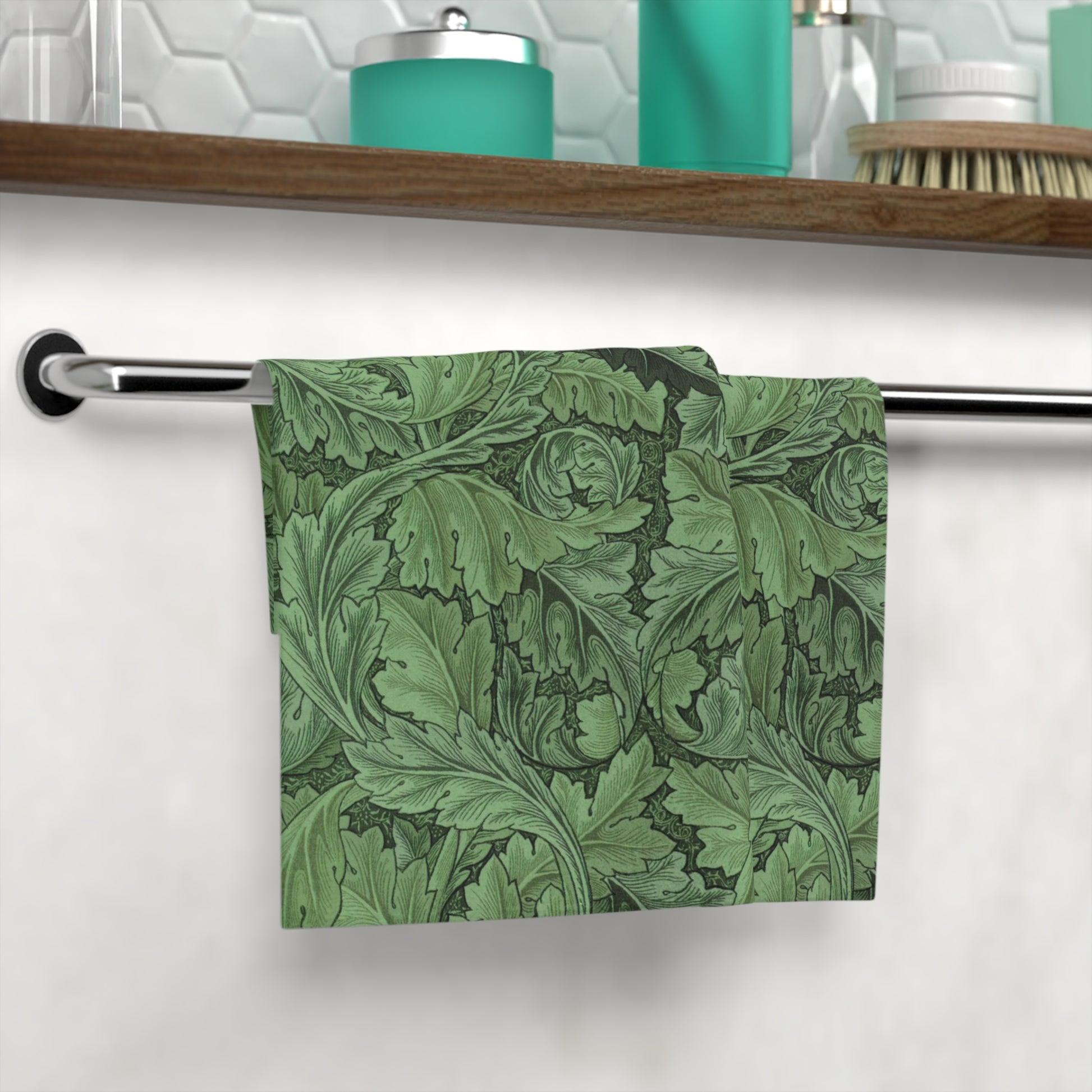 A green floral patterned washcloth inspired by William Morris' Acanthus Collection.