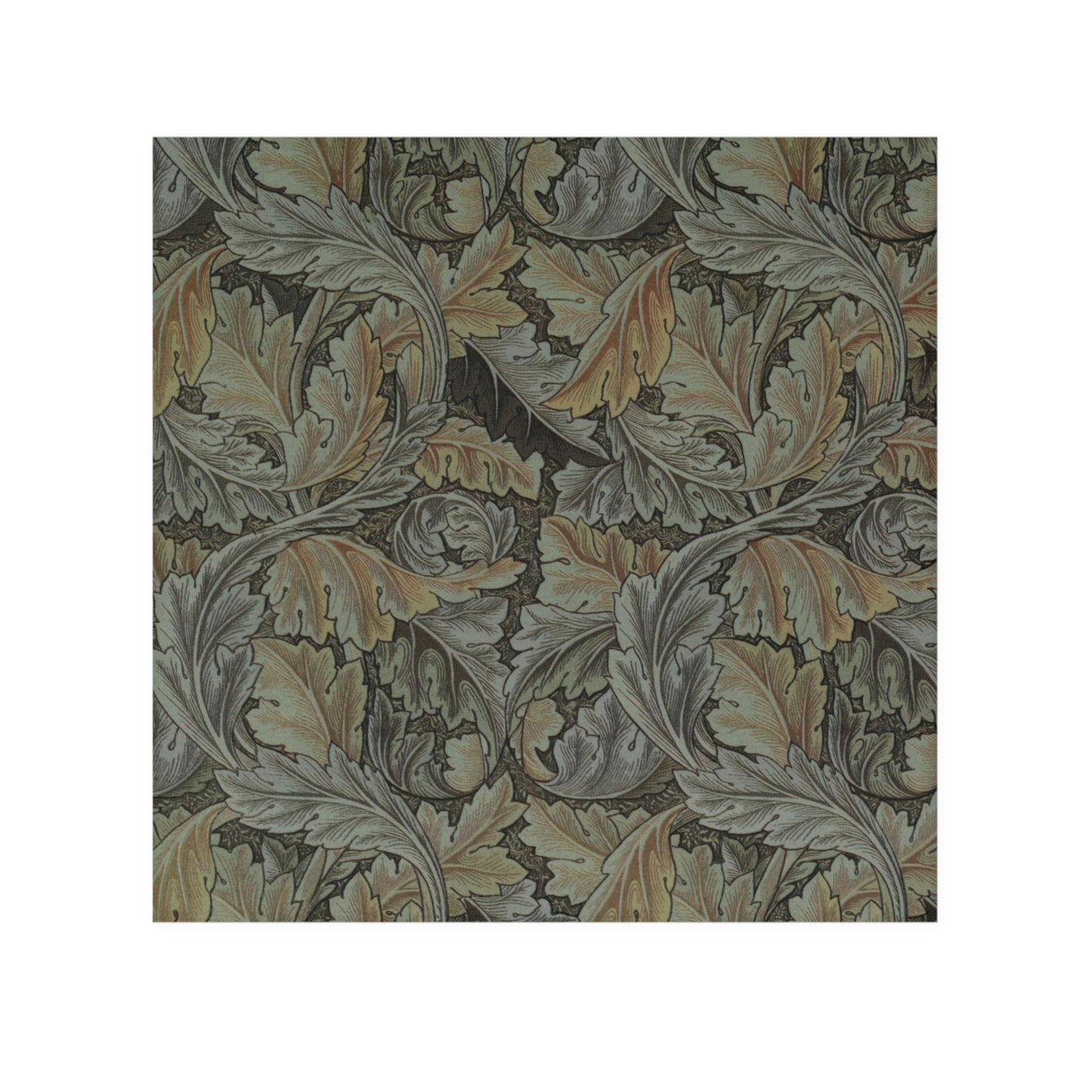 A gray washcloth with floral patterns inspired by William Morris, featuring a mix of leaf and acanthus designs.