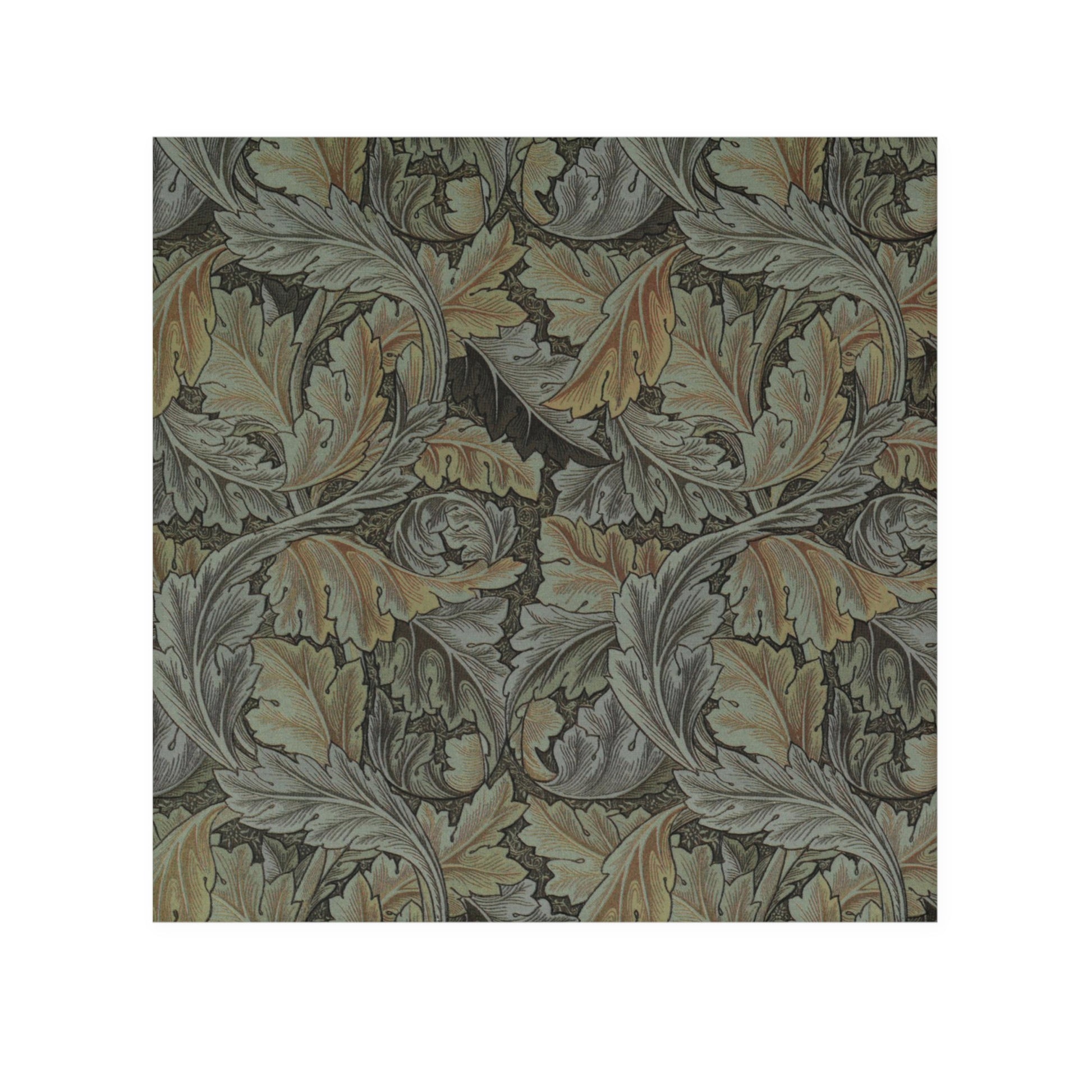 A gray washcloth with floral patterns inspired by William Morris, featuring a mix of leaf and acanthus designs.