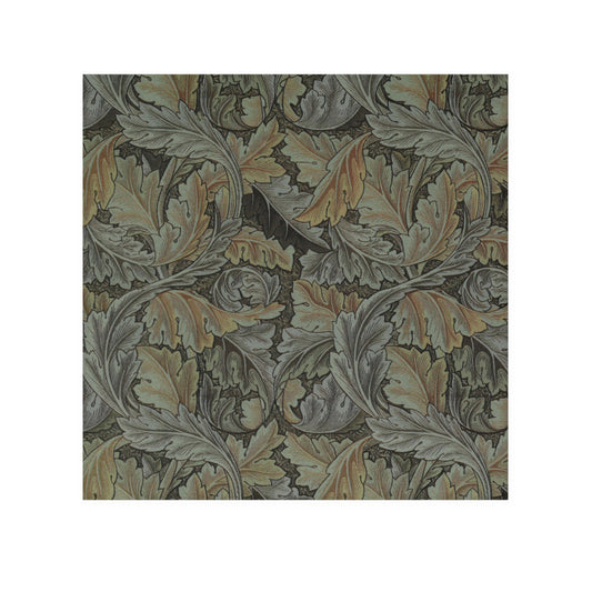 A gray washcloth with floral patterns inspired by William Morris, featuring a mix of leaf and acanthus designs.