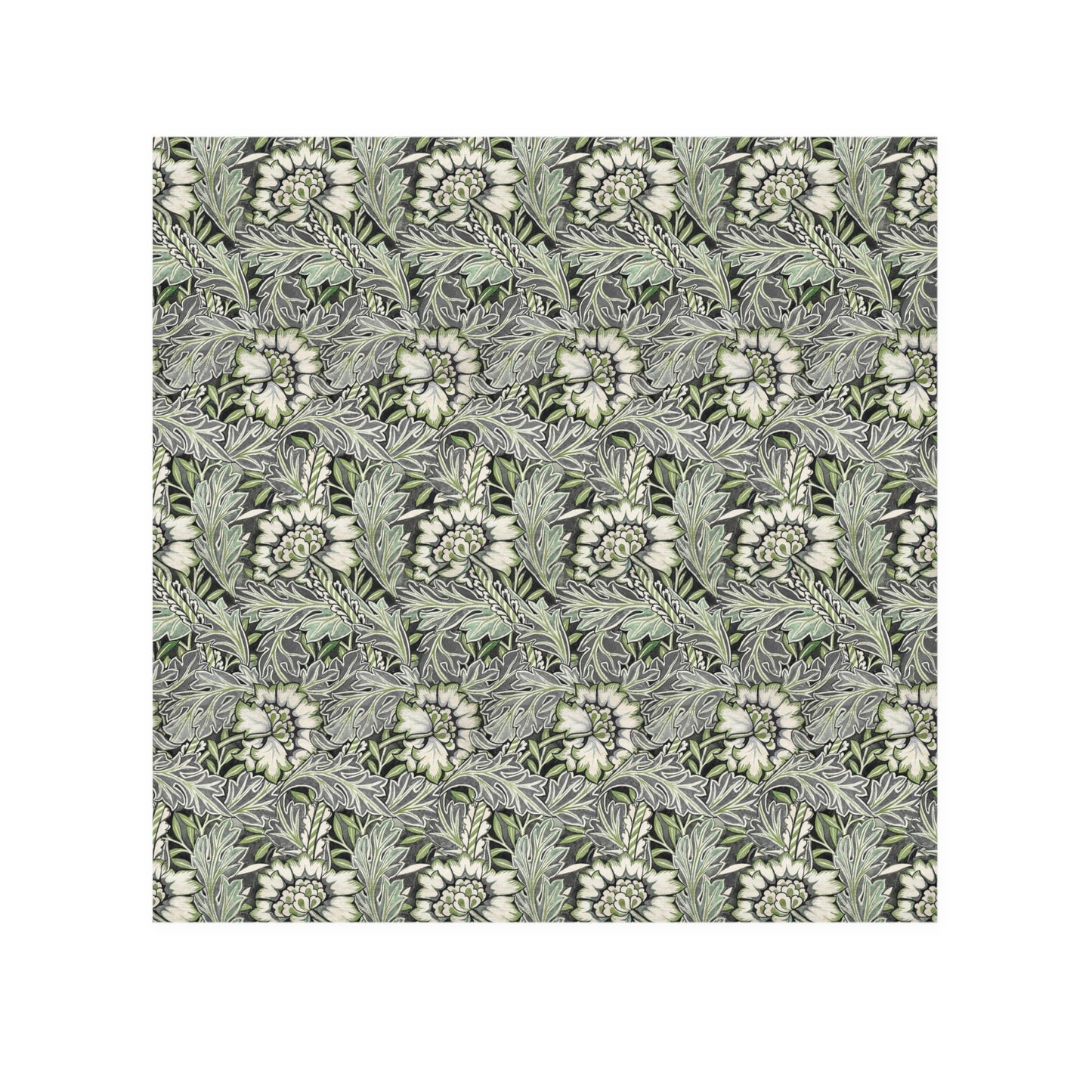 A gray washcloth with a floral pattern inspired by William Morris, featuring a design with leaves and anemone flowers.