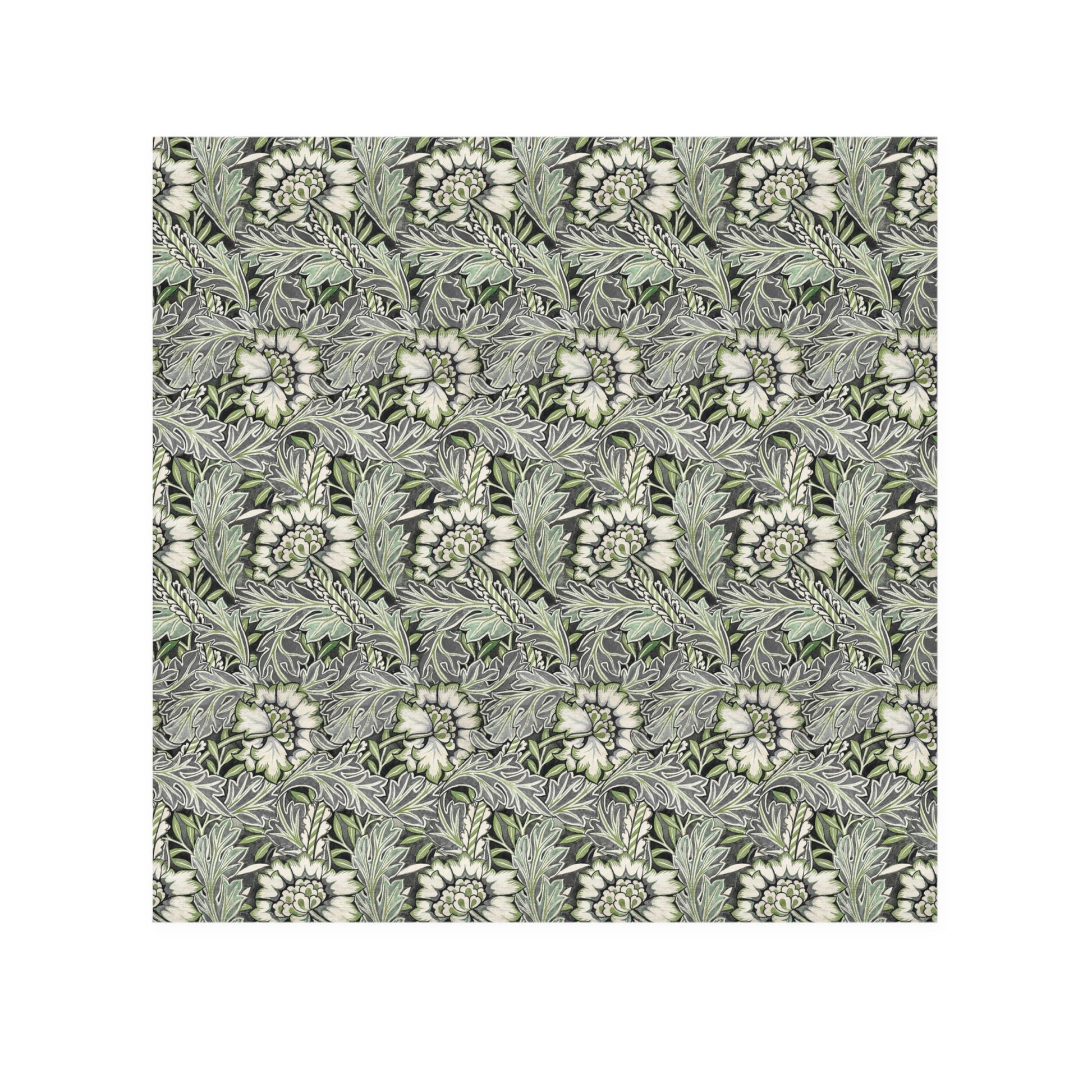 A gray washcloth with a floral pattern inspired by William Morris, featuring a design with leaves and anemone flowers.