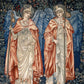 A white washcloth with a printed floral pattern inspired by William Morris, featuring two angels in a vintage style.