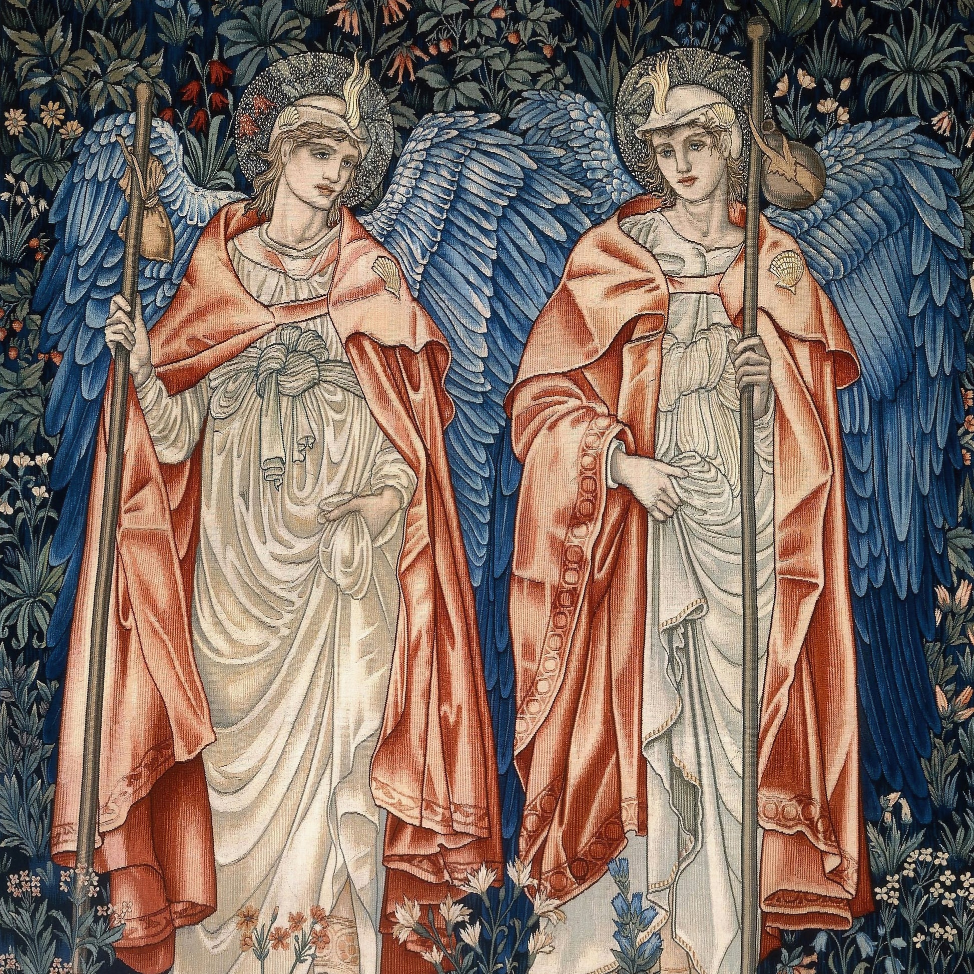 A white washcloth with a printed floral pattern inspired by William Morris, featuring two angels in a vintage style.