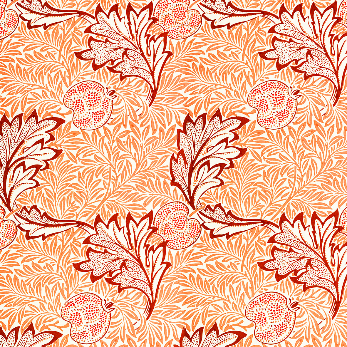 Decorative pattern with leaves and pomegranates in red on a beige background