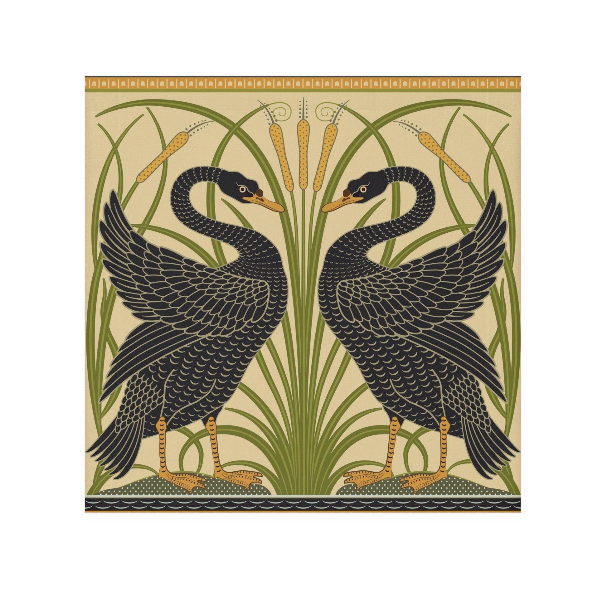 Decorative tile with two black swans and green foliage on a beige background