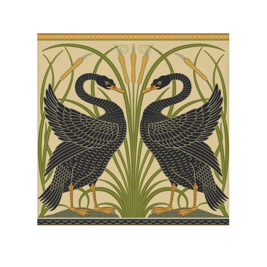 Decorative tile with two black swans and green foliage on a beige background
