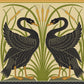 Decorative artwork of two black swans with green reeds and yellow flowers on a beige background.