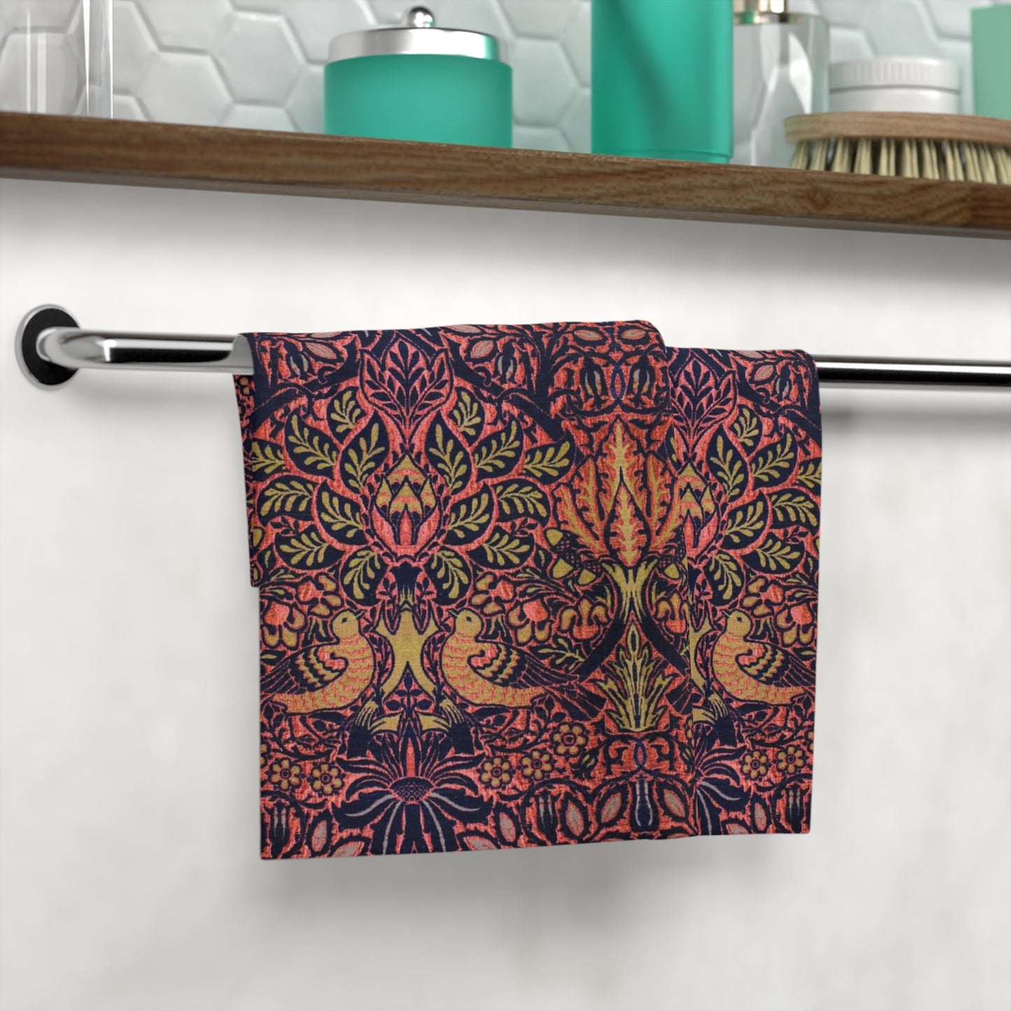 A multicolored floral patterned washcloth inspired by William Morris' arts and crafts floral patterns.