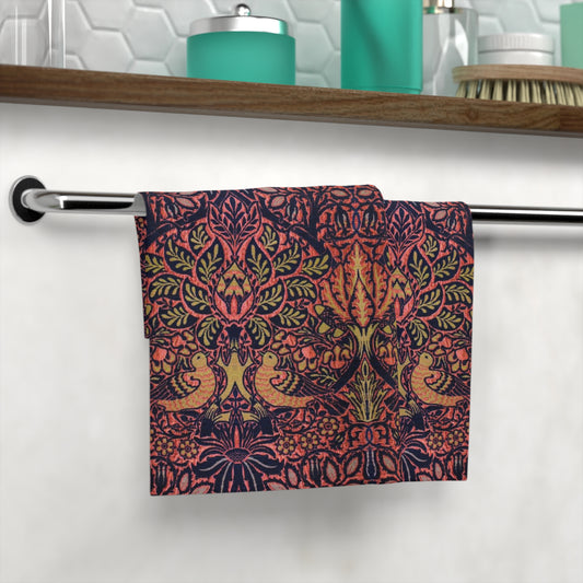 A multicolored floral patterned washcloth inspired by William Morris' arts and crafts floral patterns.