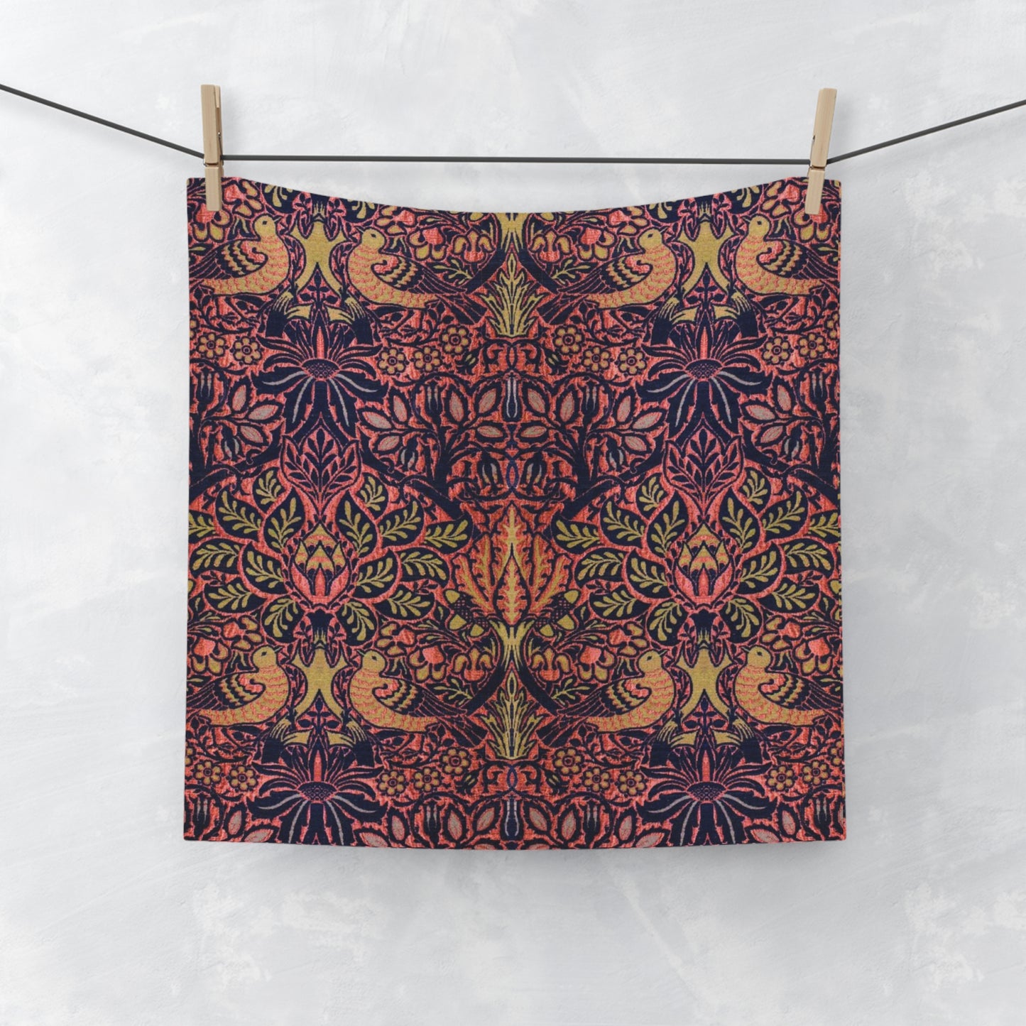 A multicolored floral patterned washcloth inspired by William Morris' arts and crafts floral patterns.