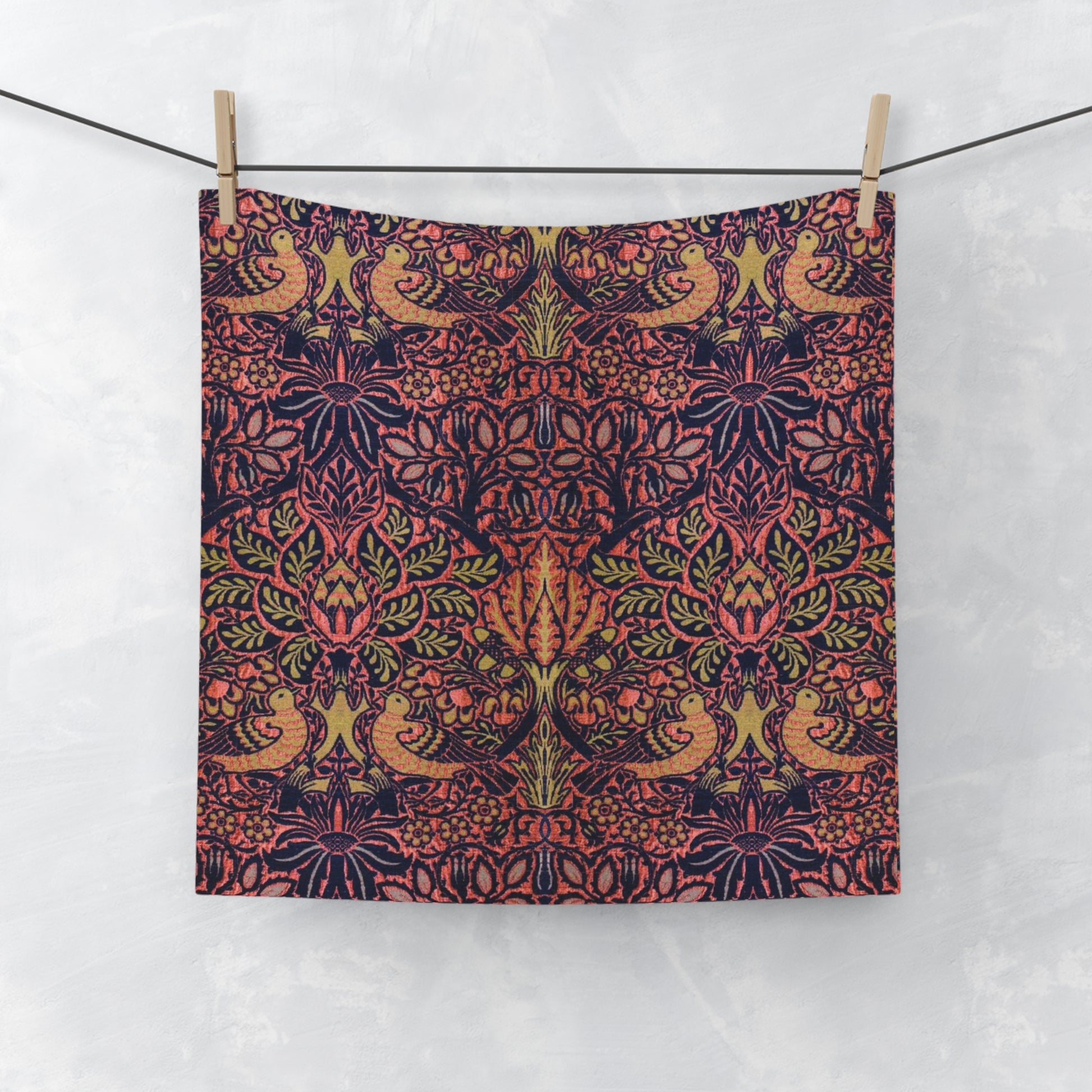 A multicolored floral patterned washcloth inspired by William Morris' arts and crafts floral patterns.