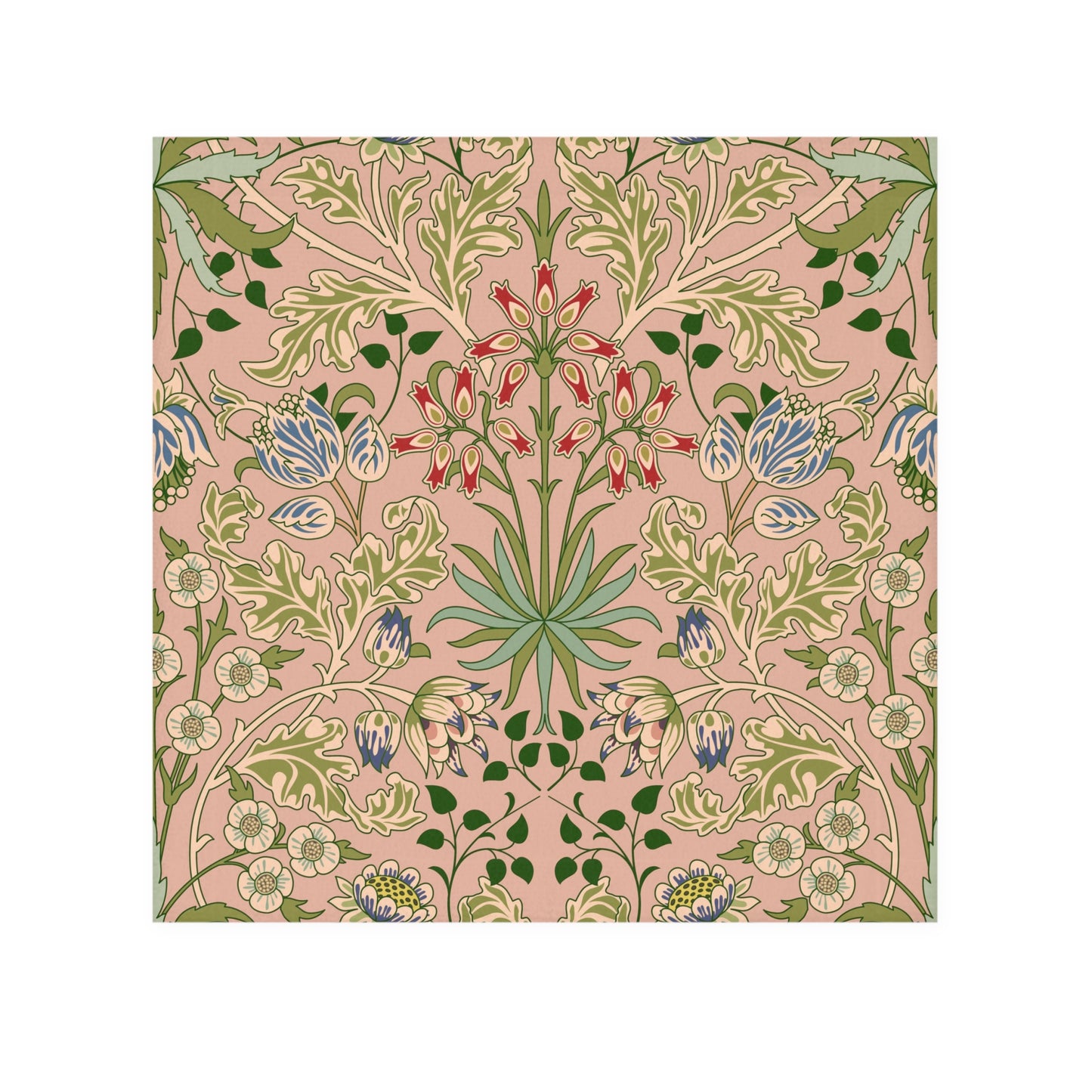 Floral patterned washcloth swatch with green, blue, and red flowers on a pink background