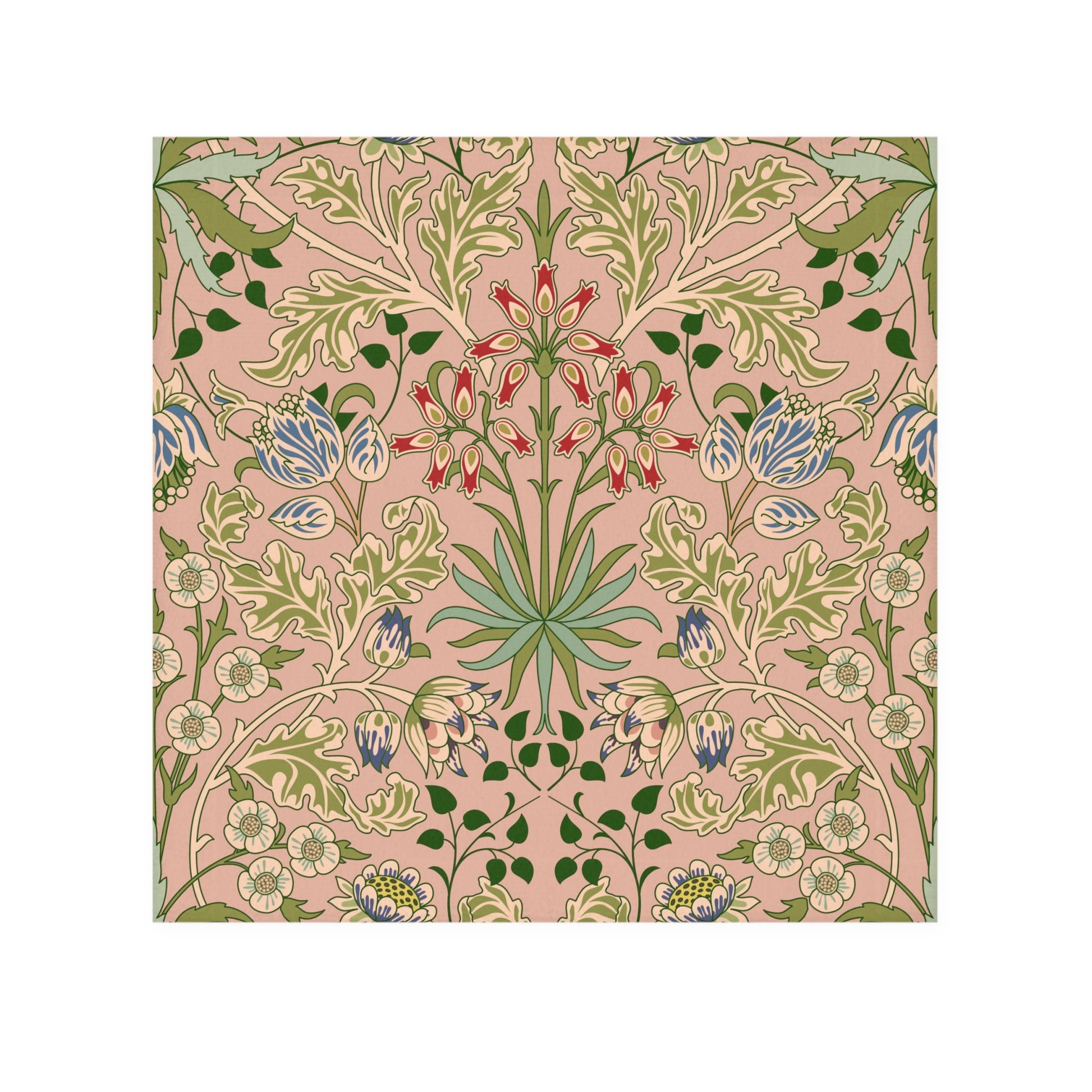 Floral patterned washcloth swatch with green, blue, and red flowers on a pink background