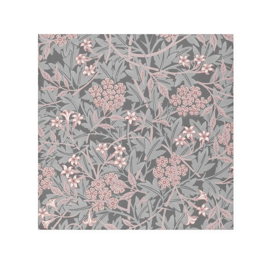 A square-shaped washcloth with a floral pattern in mauve and gray colours, inspired by William Morris' design.