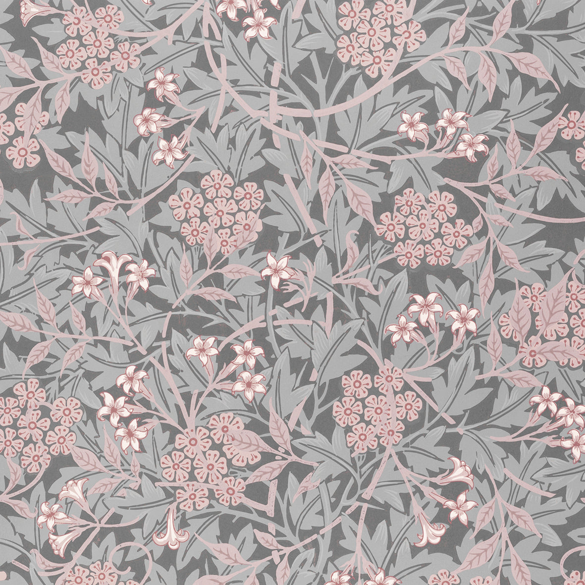 A square-shaped washcloth with a floral pattern in mauve and gray colours, inspired by William Morris' design.