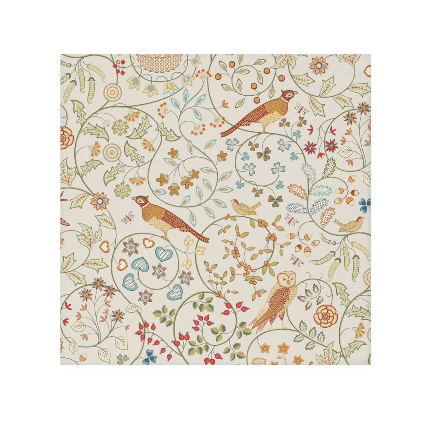 Patterned paper with birds, flowers, and hearts on a white background