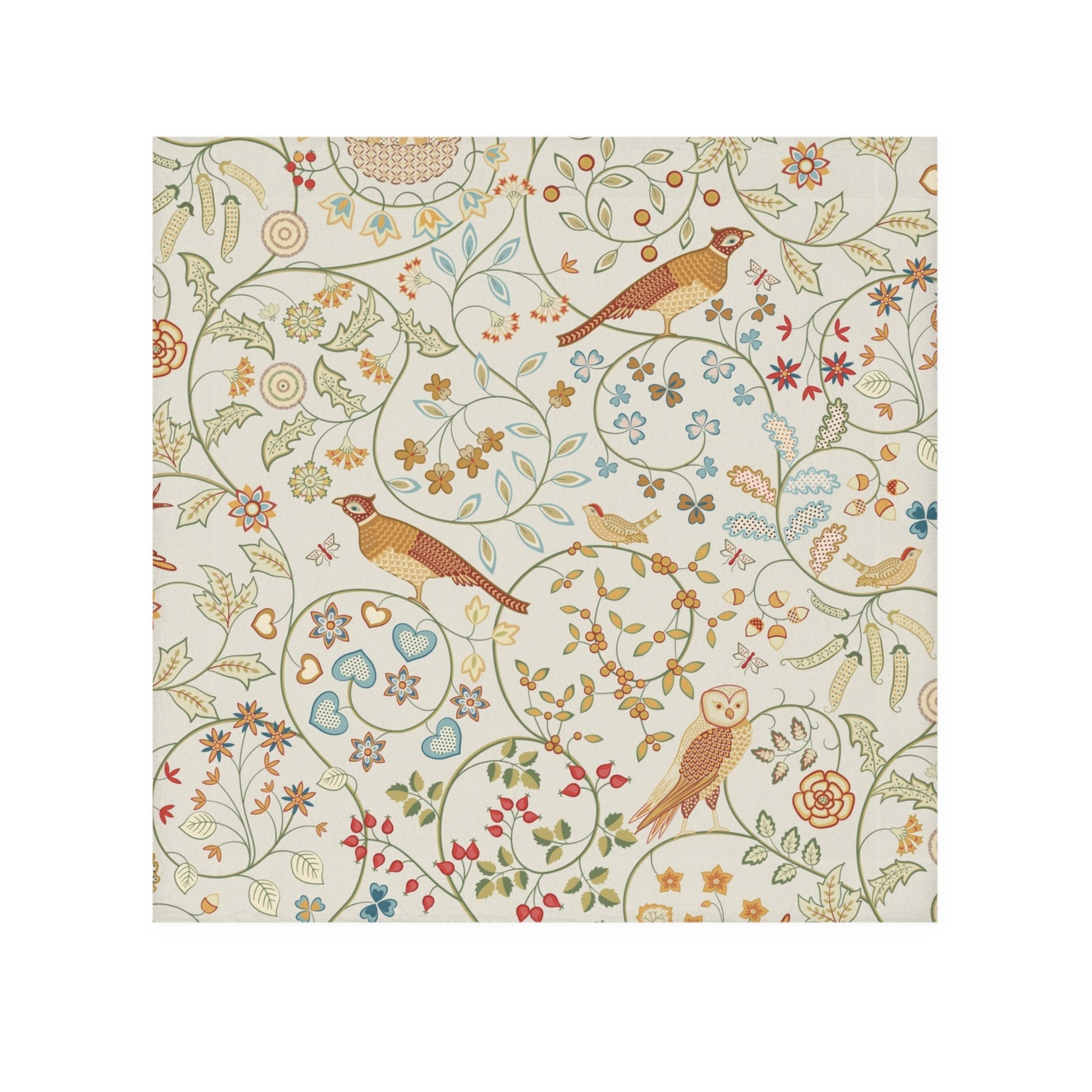 Patterned paper with birds, flowers, and hearts on a white background