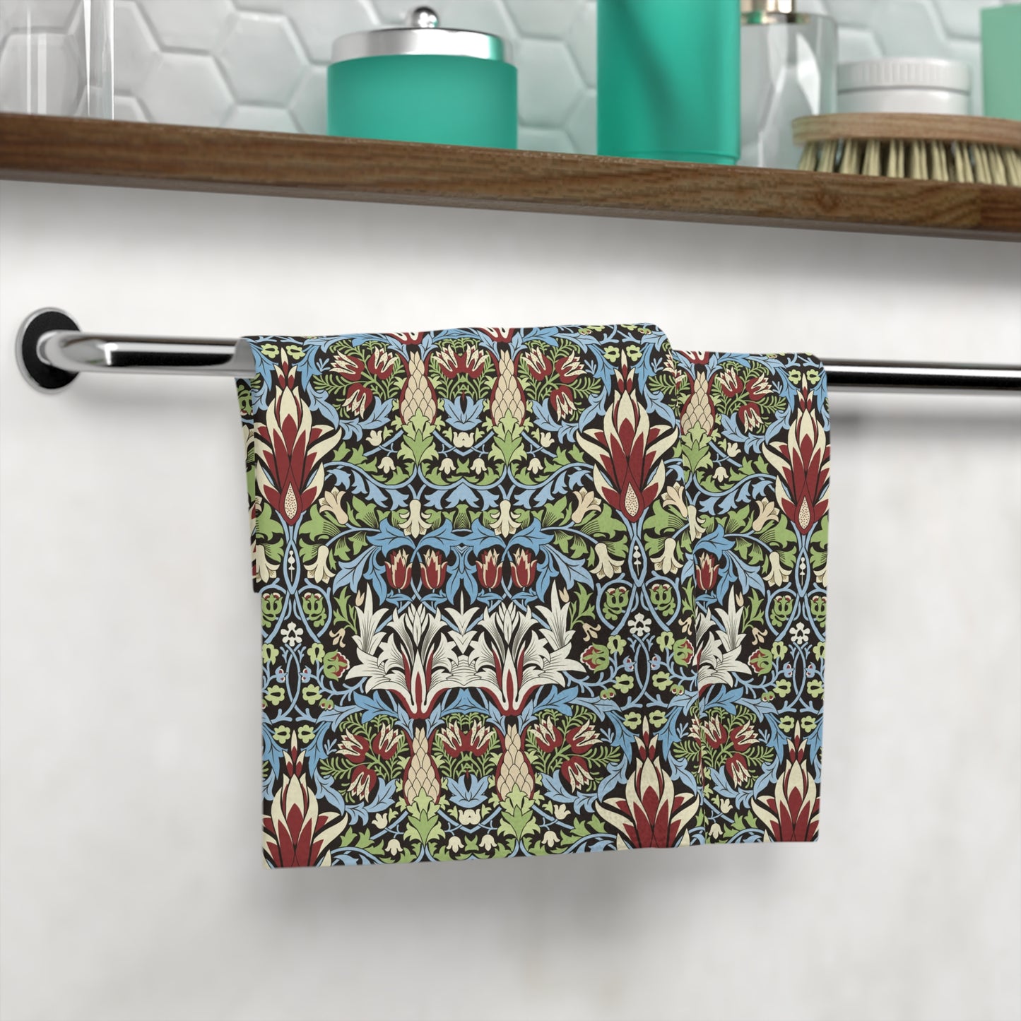 A multicolored floral patterned washcloth inspired by William Morris' Snakeshead Collection.