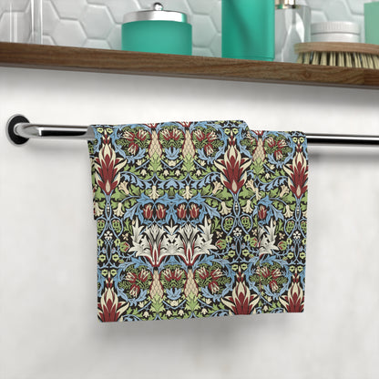 A multicolored floral patterned washcloth inspired by William Morris' Snakeshead Collection.