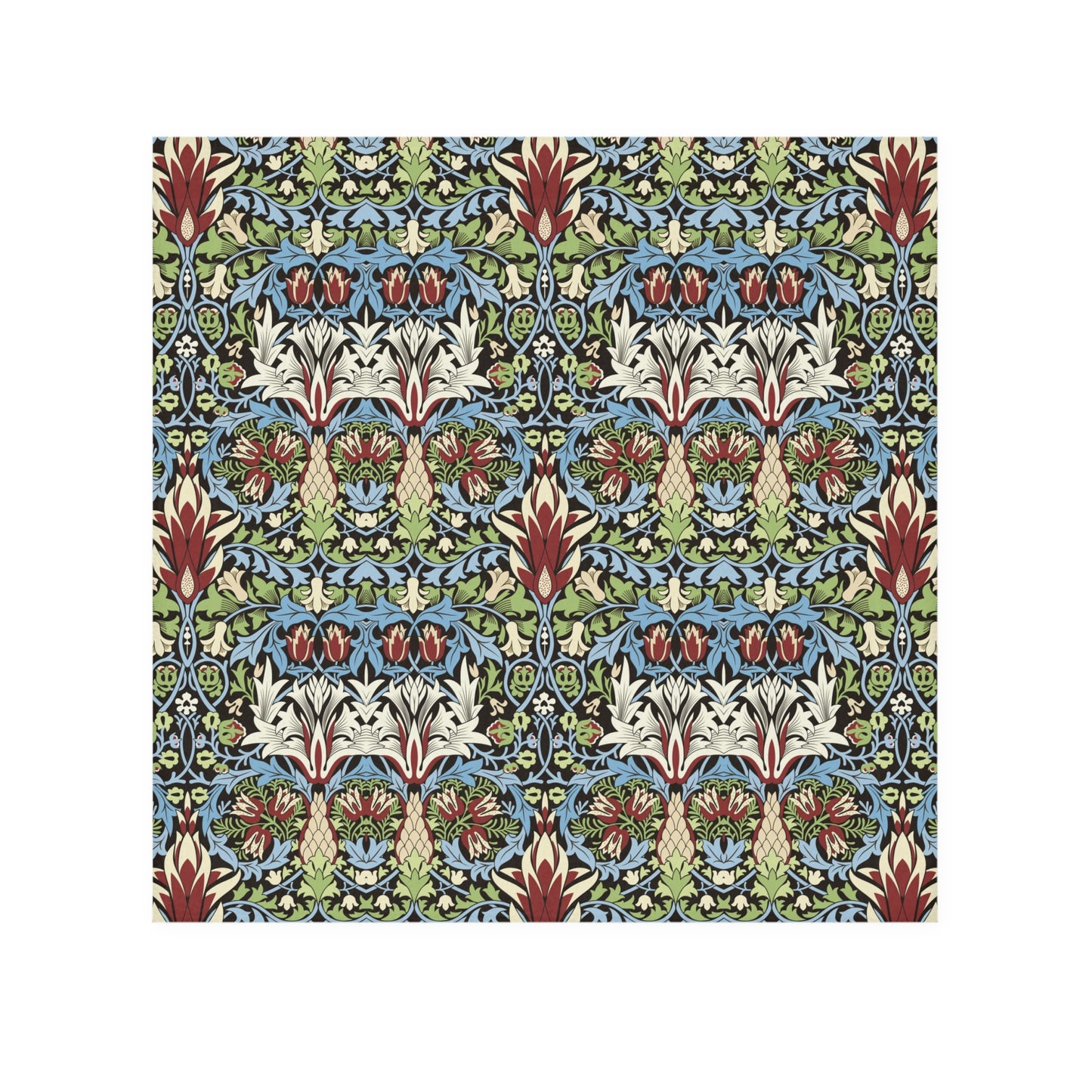 A multicolored floral patterned washcloth inspired by William Morris' Snakeshead Collection.