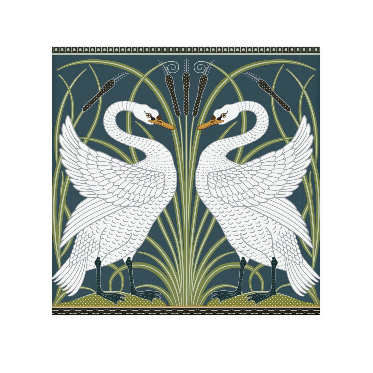 Decorative design with two white swans and green foliage on a blue background