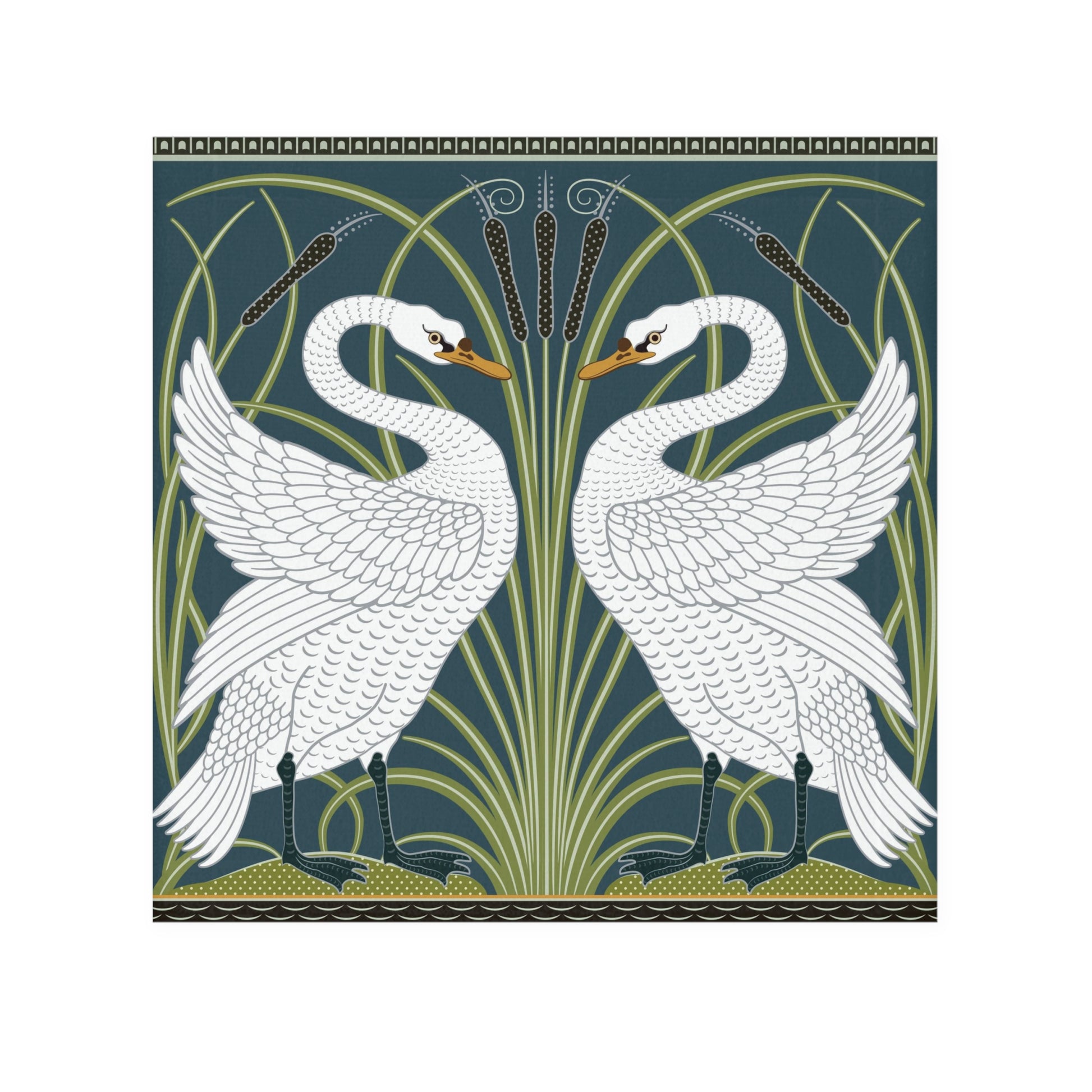 Decorative design with two white swans and green foliage on a blue background