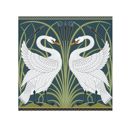 Decorative design with two white swans and green foliage on a blue background