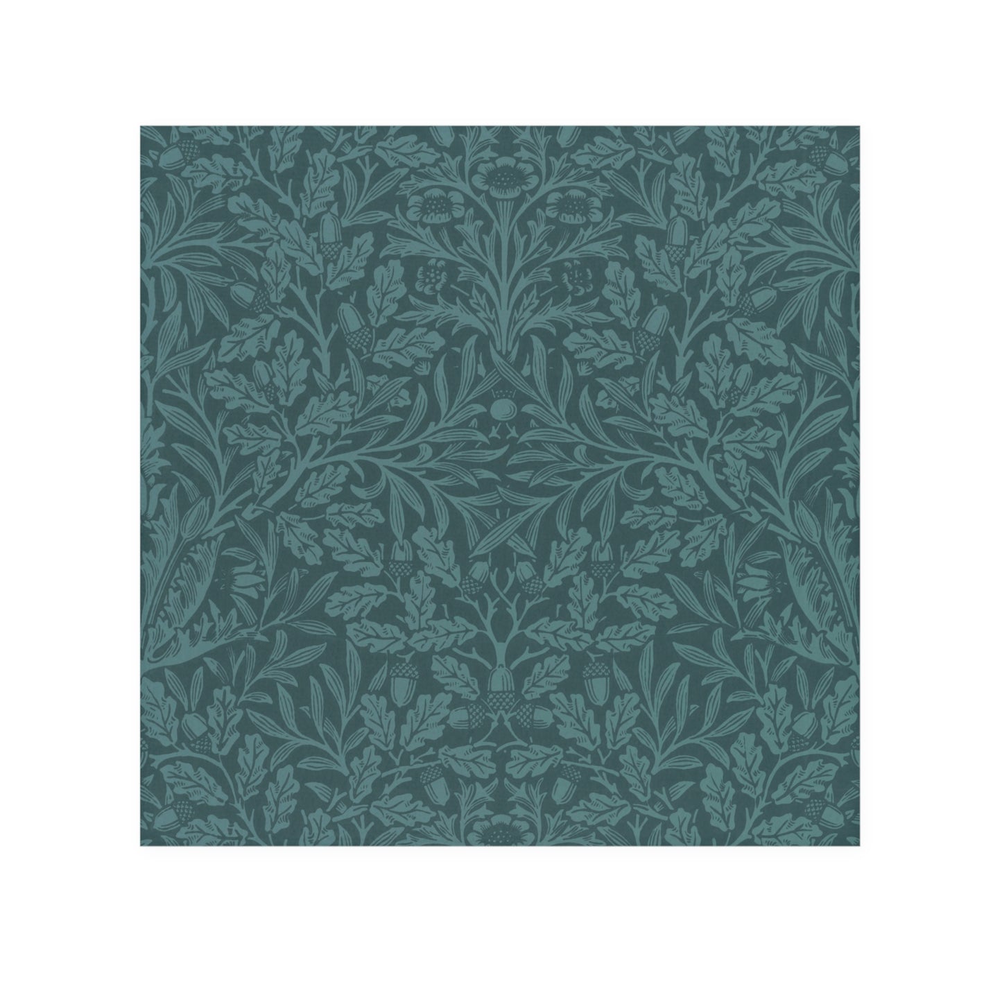 A square-shaped washcloth with a floral pattern in a teal colour, inspired by William Morris' Acorns & Oak Leaves Collection.
