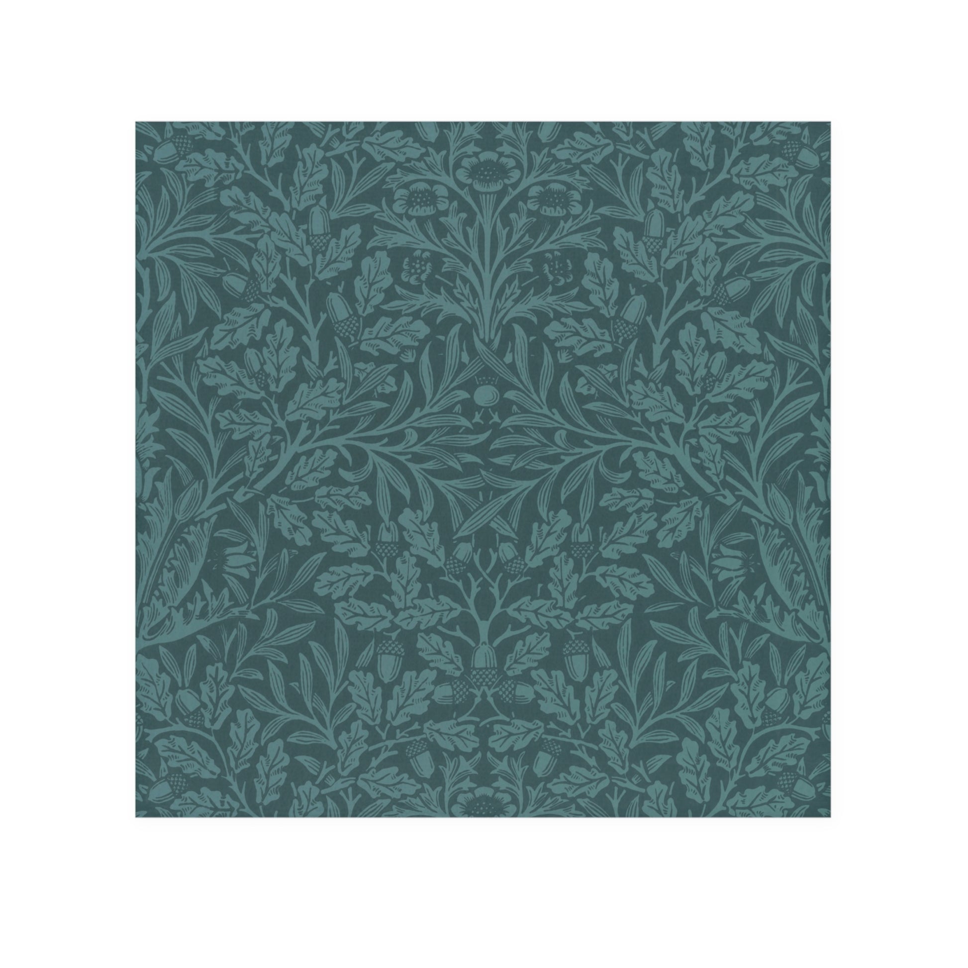 A square-shaped washcloth with a floral pattern in a teal colour, inspired by William Morris' Acorns & Oak Leaves Collection.