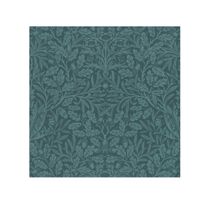 A square-shaped washcloth with a floral pattern in a teal colour, inspired by William Morris' Acorns & Oak Leaves Collection.