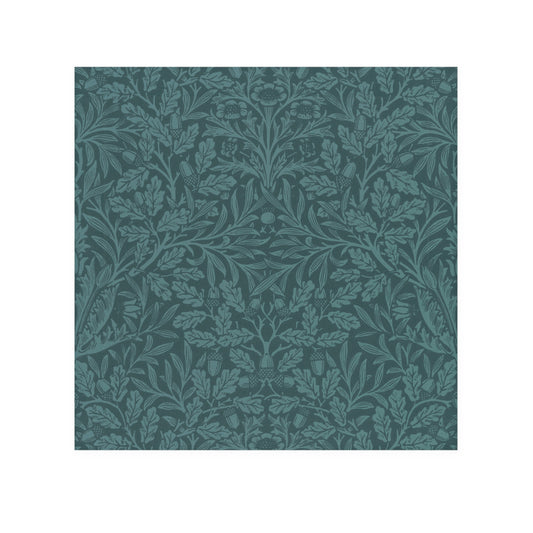 A square-shaped washcloth with a floral pattern in a teal colour, inspired by William Morris' Acorns & Oak Leaves Collection.