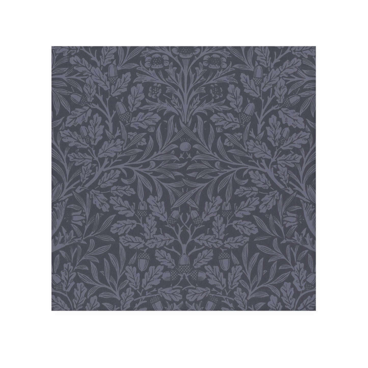 A smoky blue washcloth with a floral pattern inspired by William Morris's design, featuring acorns and oak leaves.