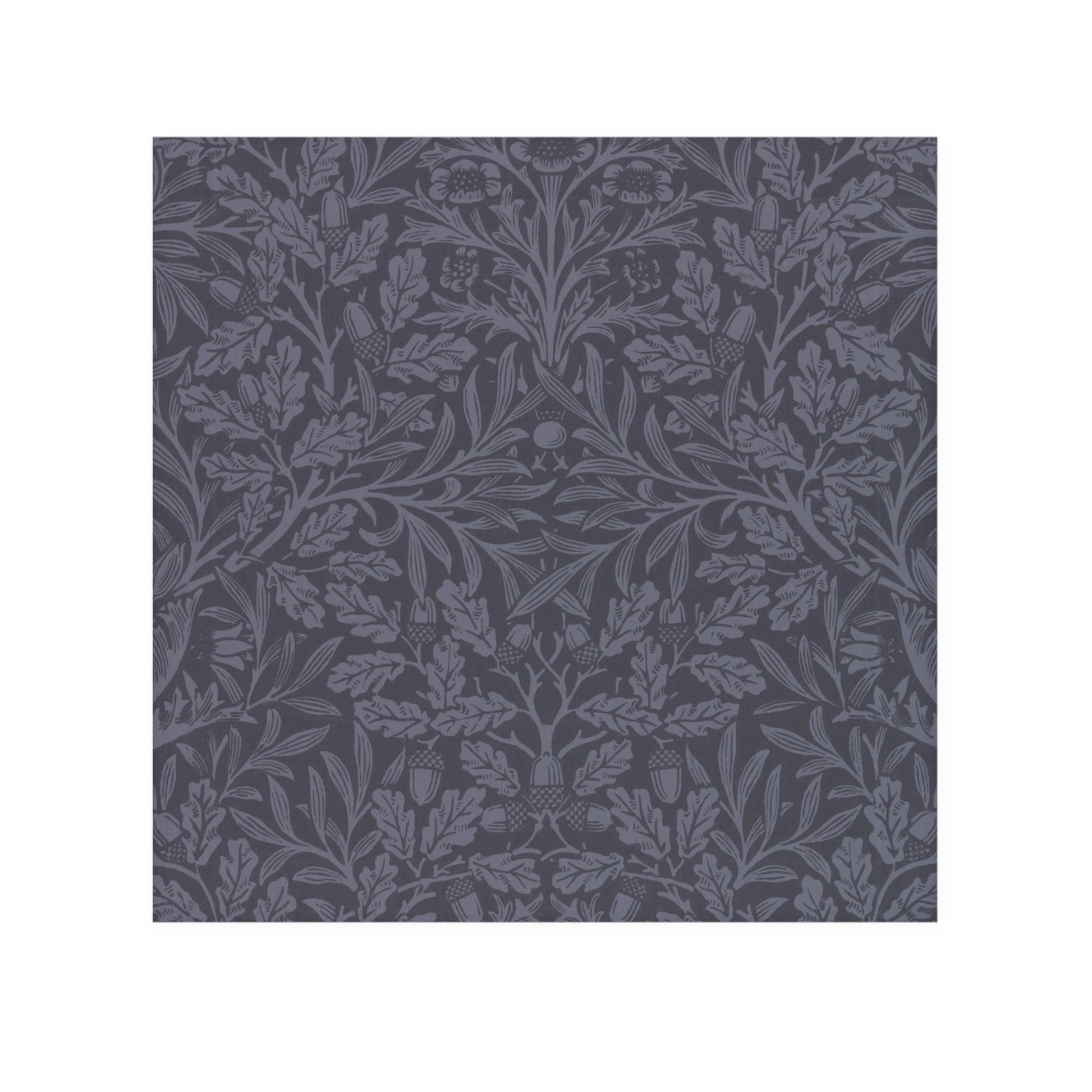 A smoky blue washcloth with a floral pattern inspired by William Morris's design, featuring acorns and oak leaves.
