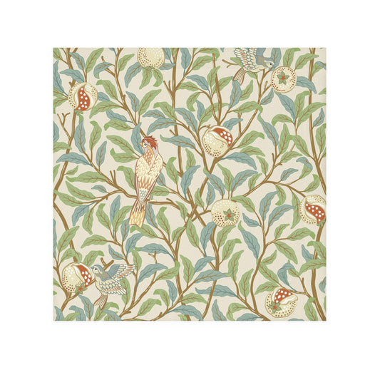 A white washcloth with a floral pattern inspired by William Morris, featuring birds and pomegranate designs on a parchment background.