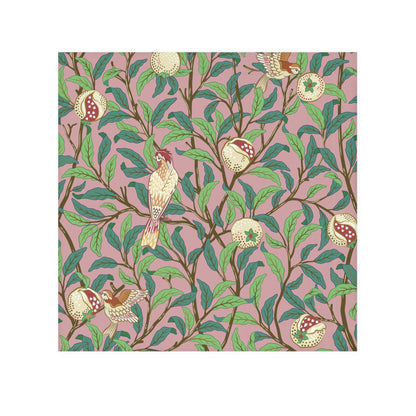 A white washcloth with a floral pattern featuring birds and pomegranates, inspired by William Morris' Bird & Pomegranate Collection.