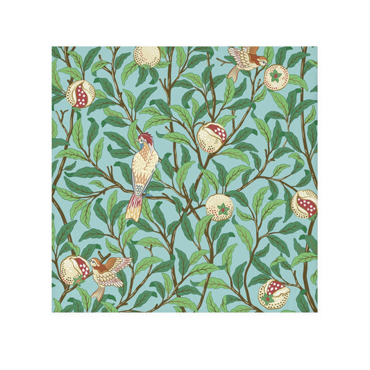 A washcloth with a floral William Morris & Co pattern featuring birds and pomegranates on a Tiffany Blue background.