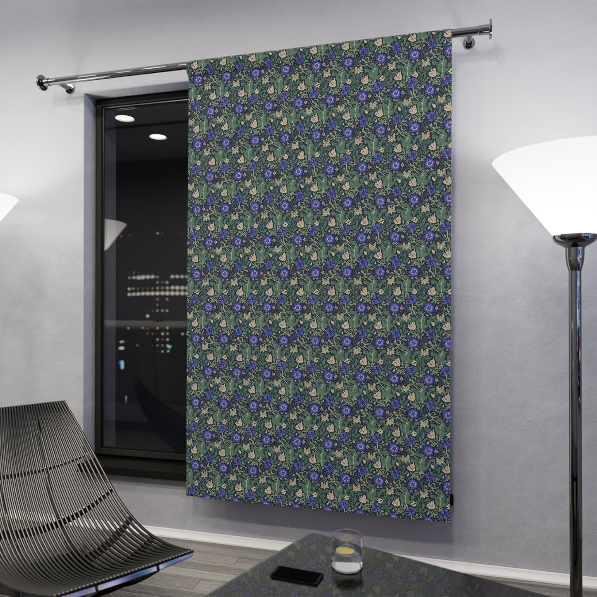 Floral patterned sliding door in a modern interior setting