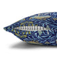 Decorative pillow with blue and yellow leaf pattern on a white background
