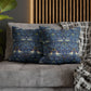Decorative pillows with a floral pattern on a gray sofa against a wooden panel background.